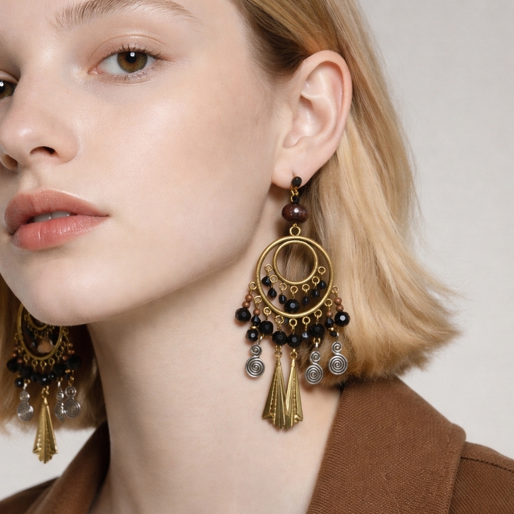 Gold and Black Bohemian Chandelier Earrings with Crystal Accents